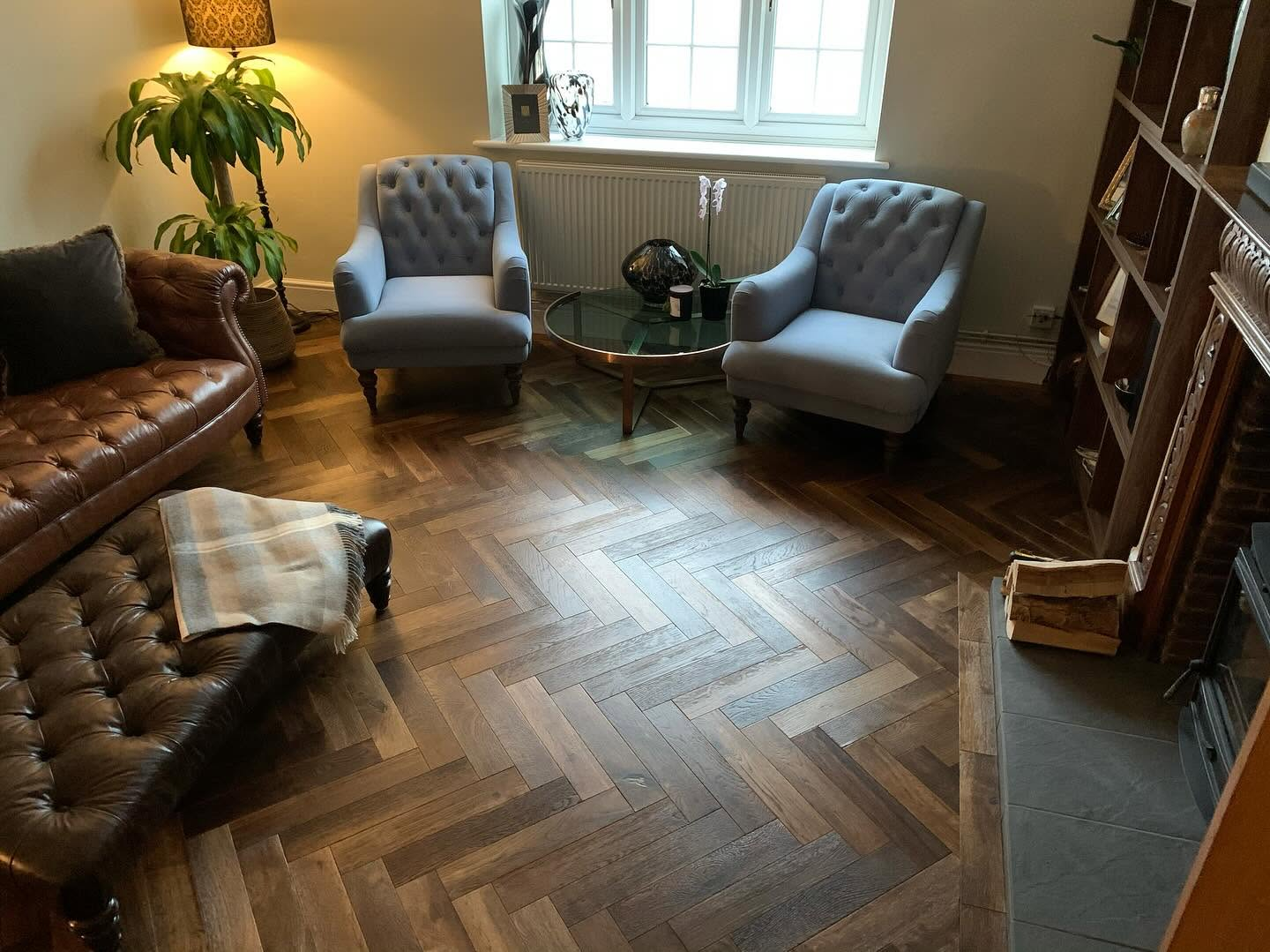 Herringbone oak flooring fitted by DMC Joinery in a Doncaster living room